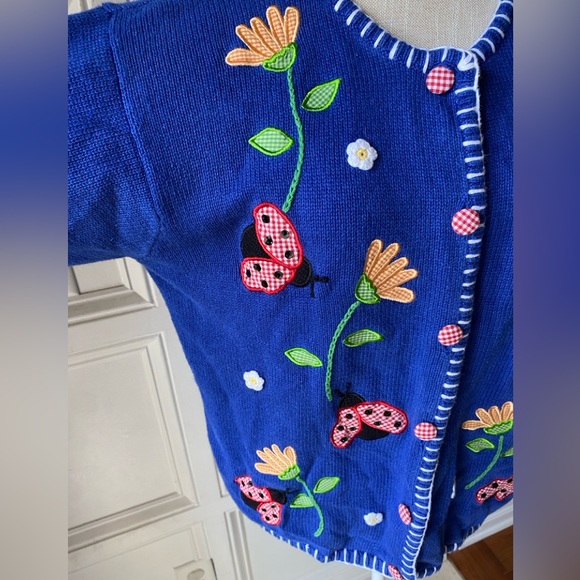 VTG MANDAL BAY XXL LADYBUG FLOWER SEQUIN CARDIGAN SWEATER - Picture 2 of 6